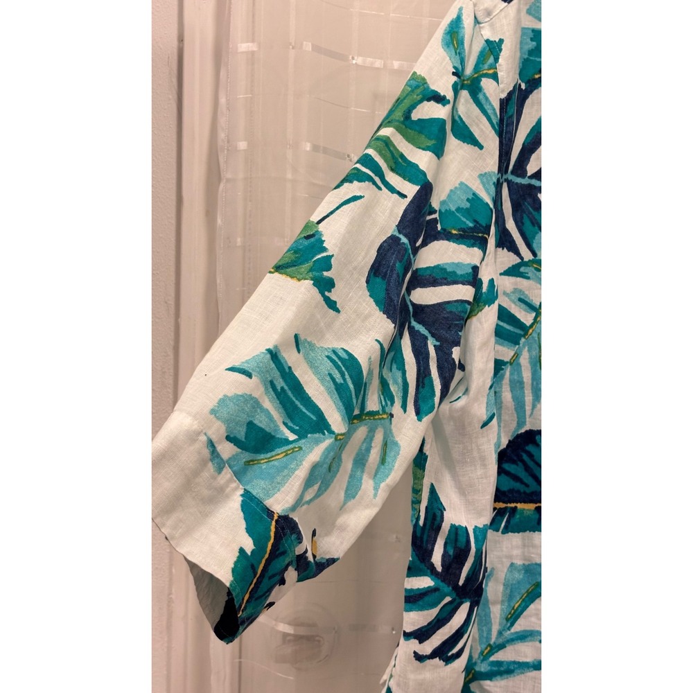 Chico's 100% Linen Tropical Leaf Print Button Down Shirt White Teal Blue Size 2 - Picture 3 of 8